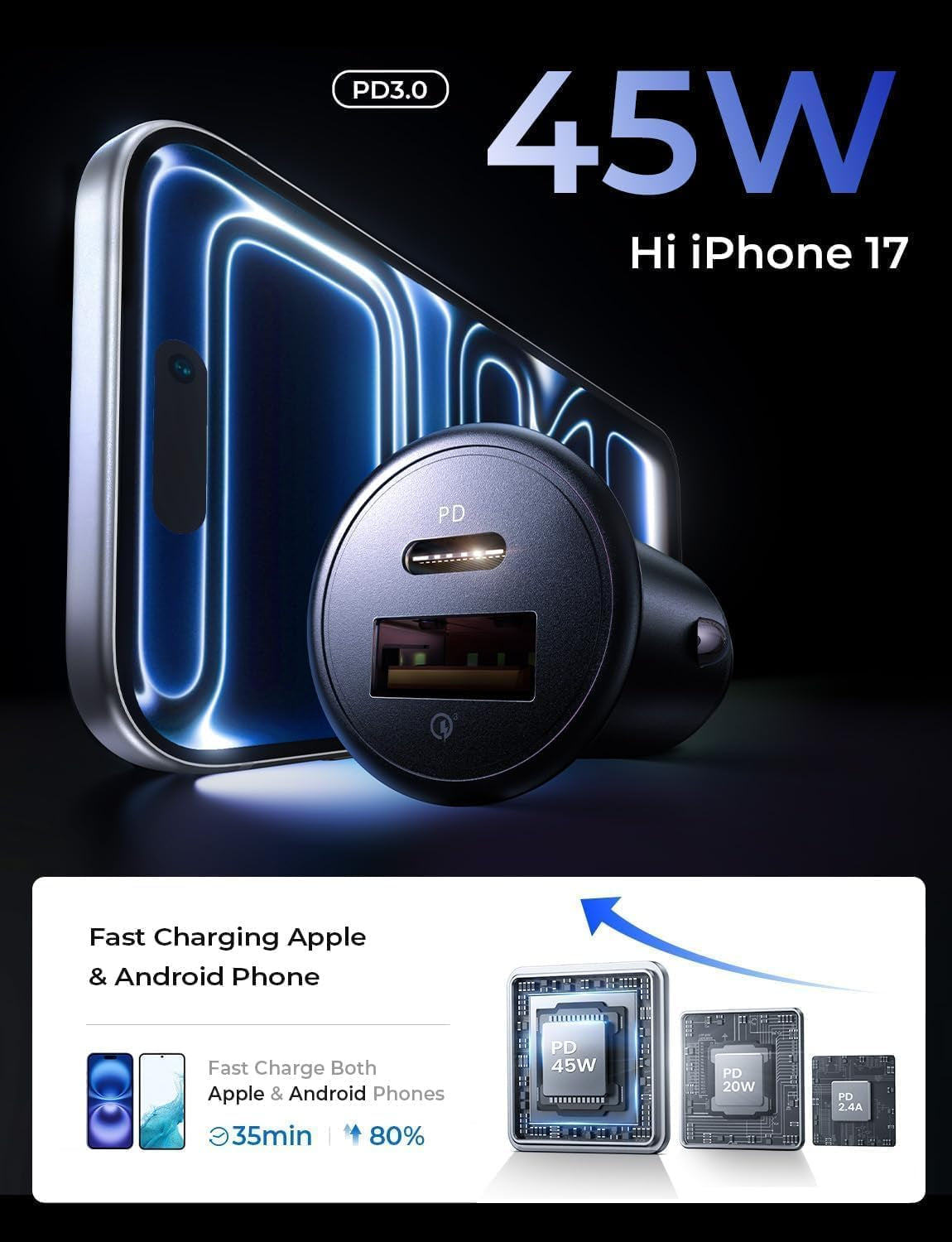 67.5W Super Mini Cigarette Lighter Adapter Car Charger USB C Fast Charging, All Metal PD&QC Type C Car Charger Adapter Outlet Plug Socket for Iphone 17 16 Pro Max 15 14 13 Air, Samsung Galaxy