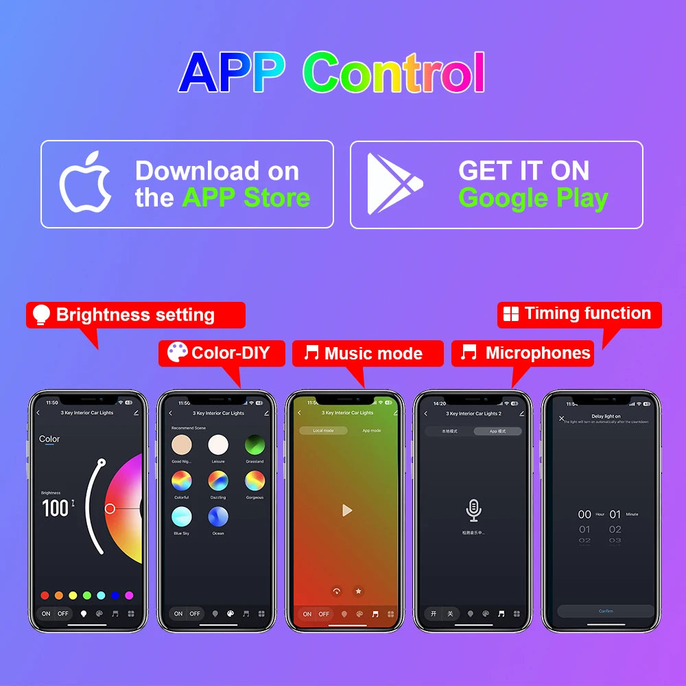 Car Interior Ambient Foot Well Light in Car APP Control Neon LED down Car Light for Car inside Ambient Lighting Auto Neon Lights